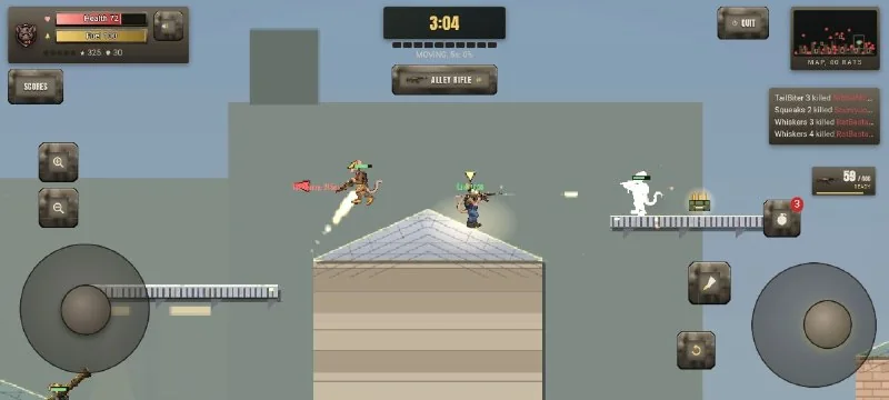 A rat on a rooftop firing its rifle at a rival flying in from the side
