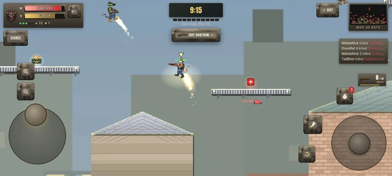 A rat flying on its jetpack mid-match, a trail of fire beneath it