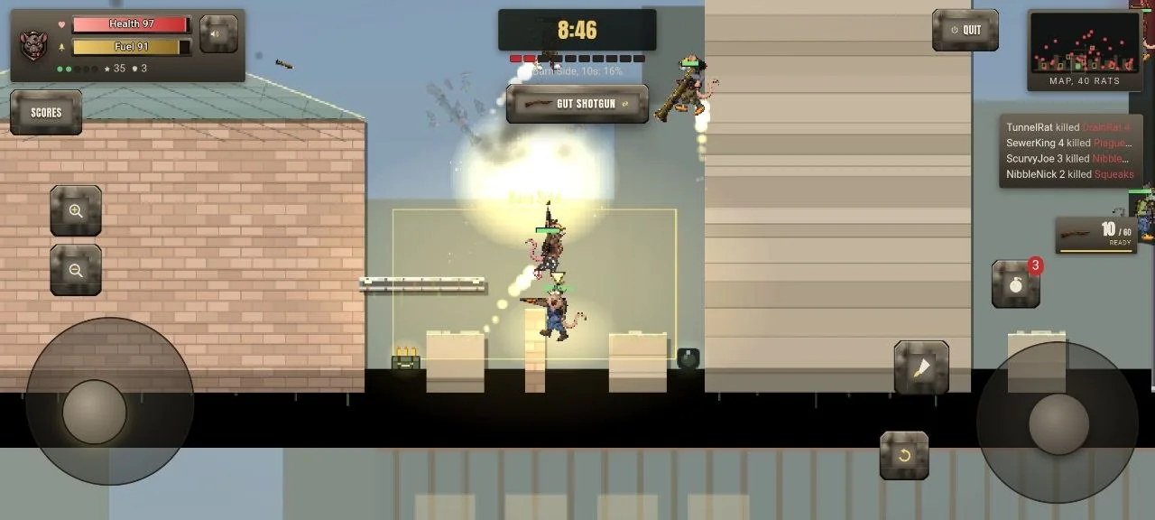 Rats fighting inside the marked zone while a rocket bursts above them